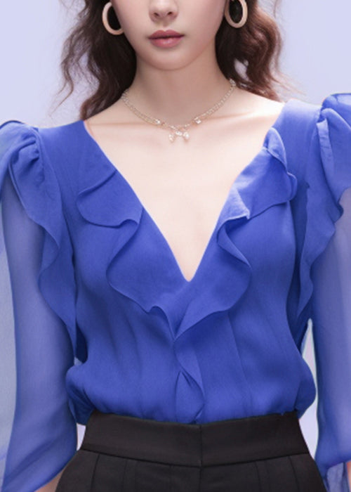 Loose Blue V Neck Ruffled Chiffon Shirt Bracelet Sleeve