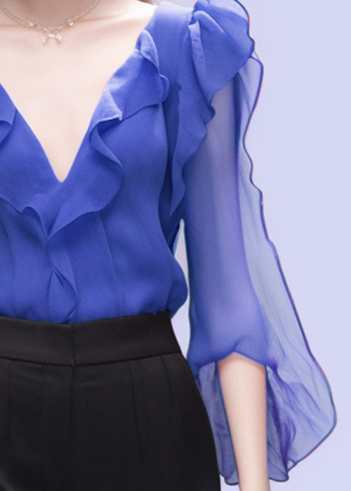 Loose Blue V Neck Ruffled Chiffon Shirt Bracelet Sleeve