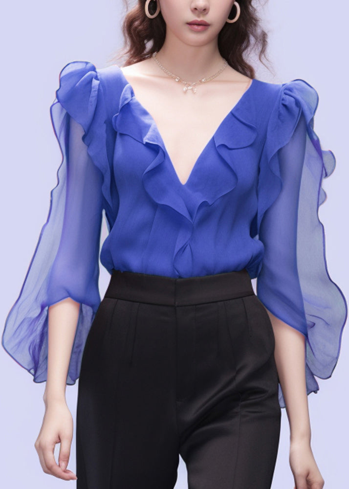 Loose Blue V Neck Ruffled Chiffon Shirt Bracelet Sleeve