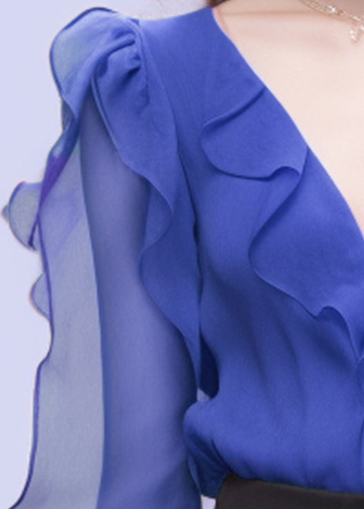 Loose Blue V Neck Ruffled Chiffon Shirt Bracelet Sleeve
