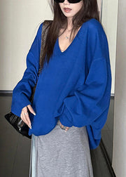 Loose Blue V Neck Solid Knit Sweater Tops Fall