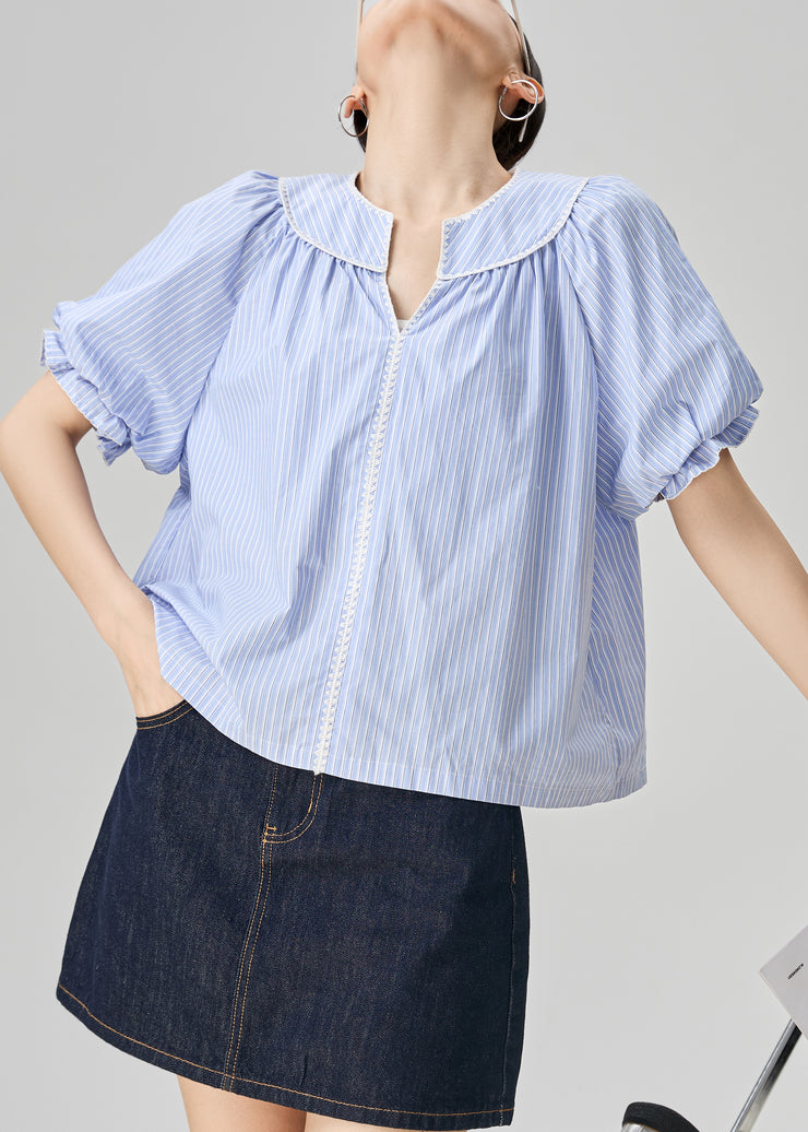 Loose Blue V Neck Striped Cotton Blouses Puff Sleeve