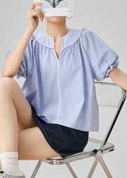 Loose Blue V Neck Striped Cotton Blouses Puff Sleeve