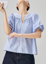Loose Blue V Neck Striped Cotton Blouses Puff Sleeve