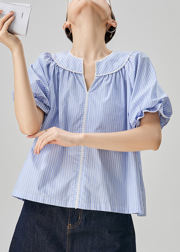 Loose Blue V Neck Striped Cotton Blouses Puff Sleeve