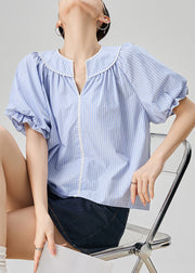Loose Blue V Neck Striped Cotton Blouses Puff Sleeve