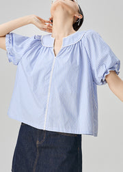 Loose Blue V Neck Striped Cotton Blouses Puff Sleeve