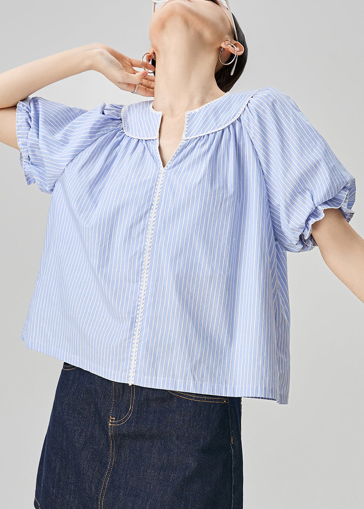 Loose Blue V Neck Striped Cotton Blouses Puff Sleeve