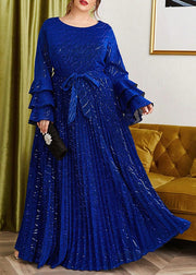 Loose Blue Wrinkled Lace Up Silk Velvet Long Dress Flare Sleeve