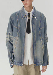Loose Blue Zippered Original Design Denim Mens Coats Spring