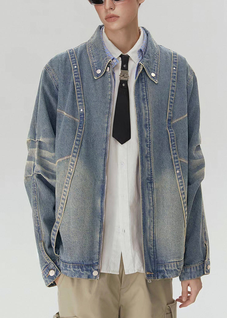 Loose Blue Zippered Original Design Denim Mens Coats Spring