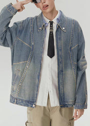 Loose Blue Zippered Original Design Denim Mens Coats Spring