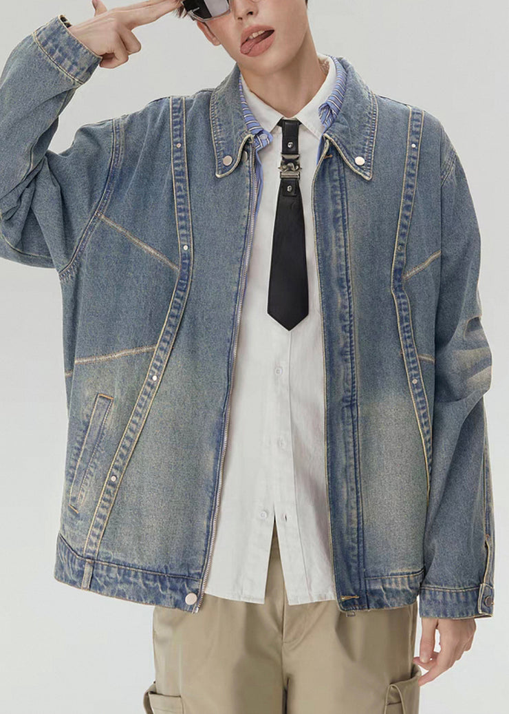 Loose Blue Zippered Original Design Denim Mens Coats Spring