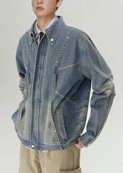 Loose Blue Zippered Original Design Denim Mens Coats Spring