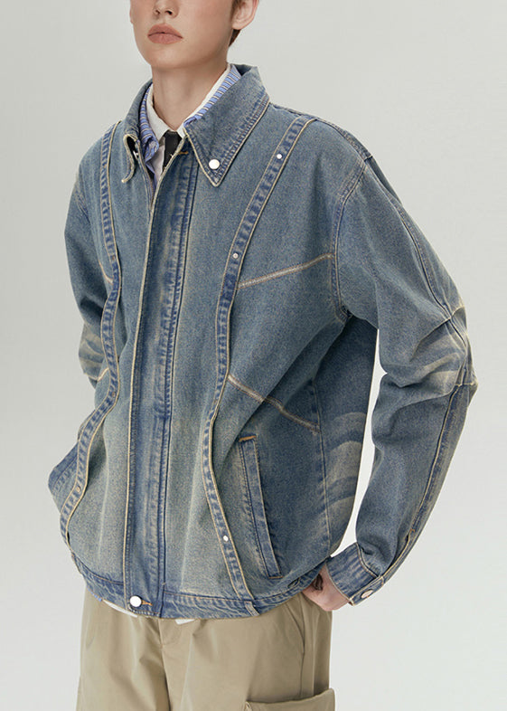 Loose Blue Zippered Original Design Denim Mens Coats Spring