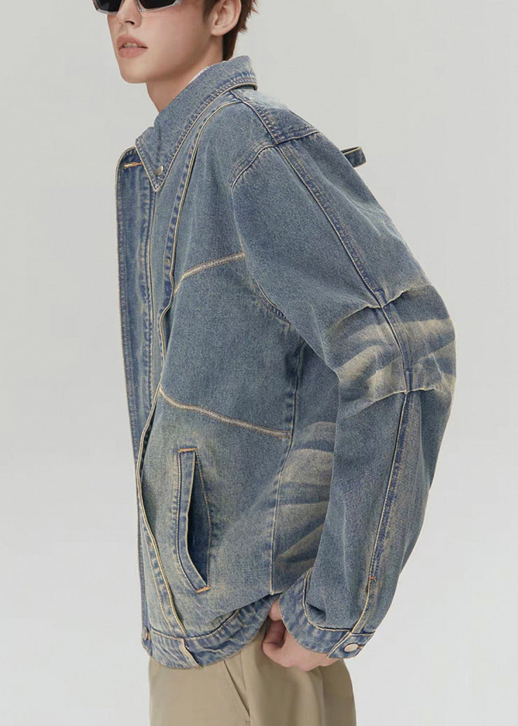 Loose Blue Zippered Original Design Denim Mens Coats Spring