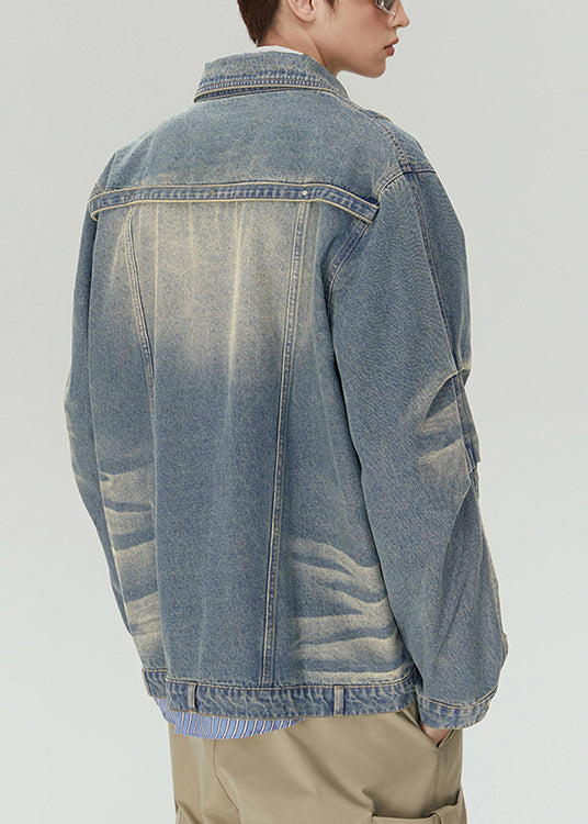Loose Blue Zippered Original Design Denim Mens Coats Spring