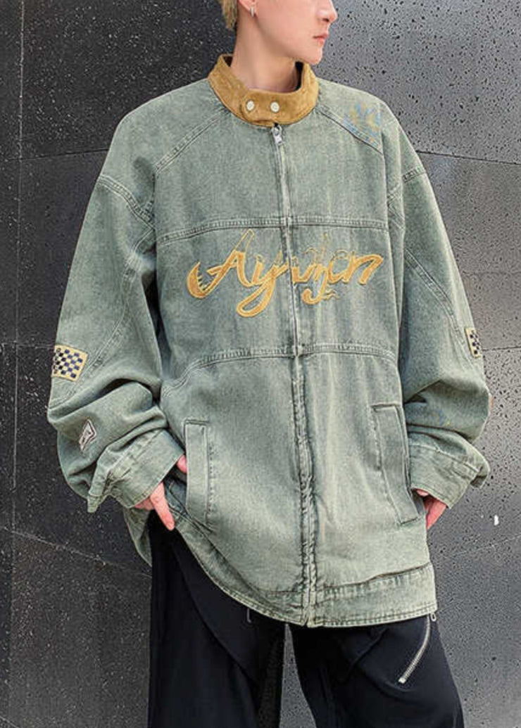 Loose Blue Zippered Patchwork Denim Mens Coats Fall