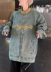 Loose Blue Zippered Patchwork Denim Mens Coats Fall
