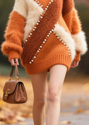 Loose Brick Red Asymmetrical Patchwork Nail Bead Sweaters Winter