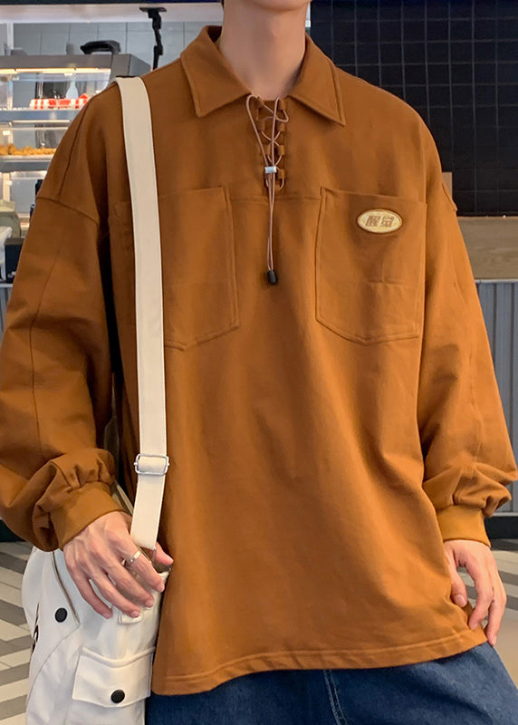Loose Brown Drawstring Pockets Cotton Mens Polo Shirts Spring