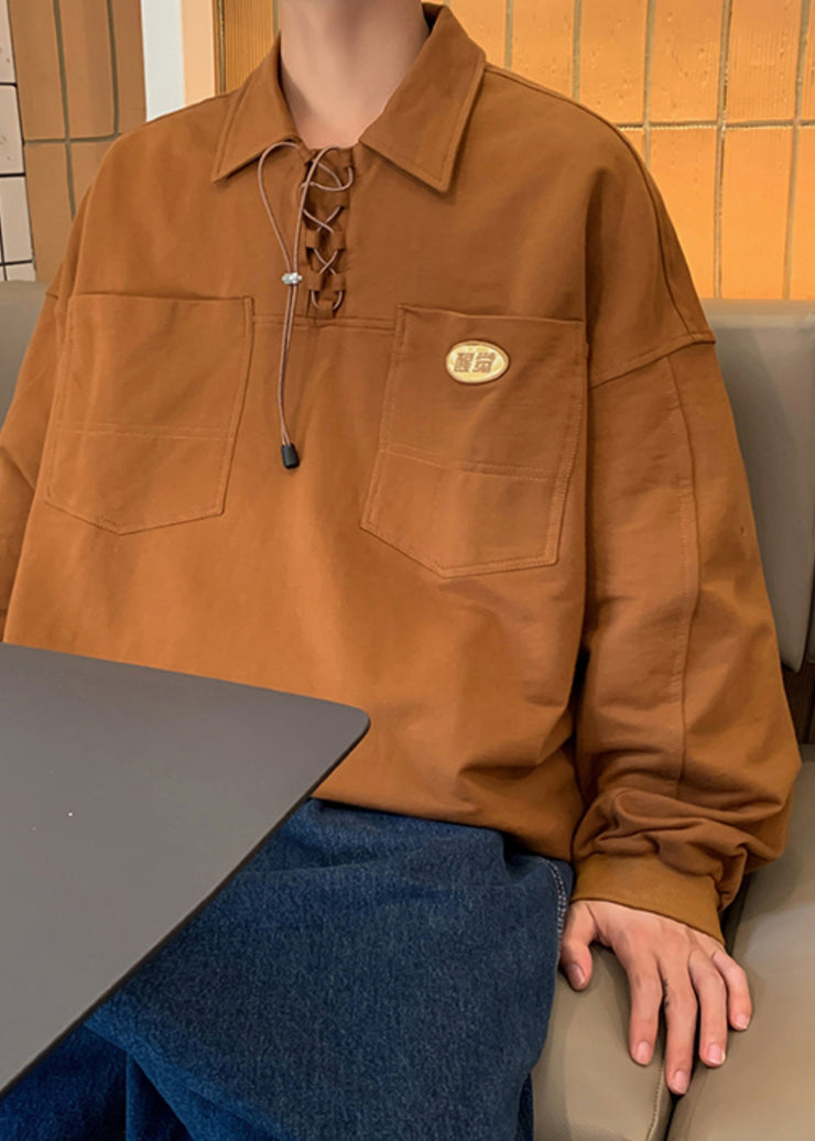Loose Brown Drawstring Pockets Cotton Mens Polo Shirts Spring