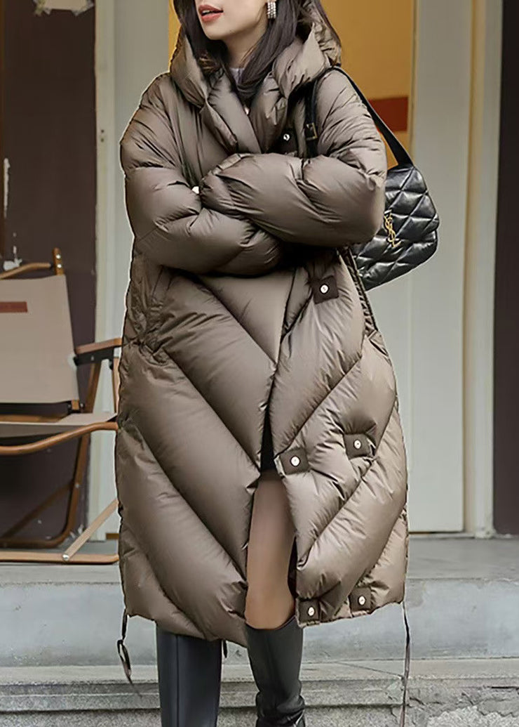 Loose Brown Hooded Button Duck Down Down Coats Winter