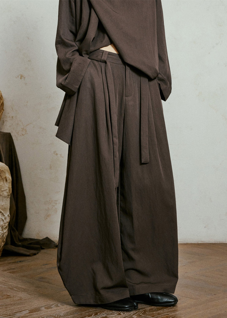 Loose Brown Patchwork Sashes Wide Leg Pants Fall