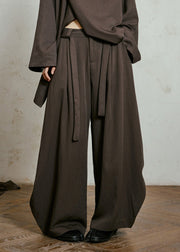 Loose Brown Patchwork Sashes Wide Leg Pants Fall
