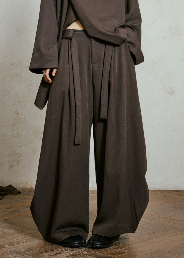 Loose Brown Patchwork Sashes Wide Leg Pants Fall