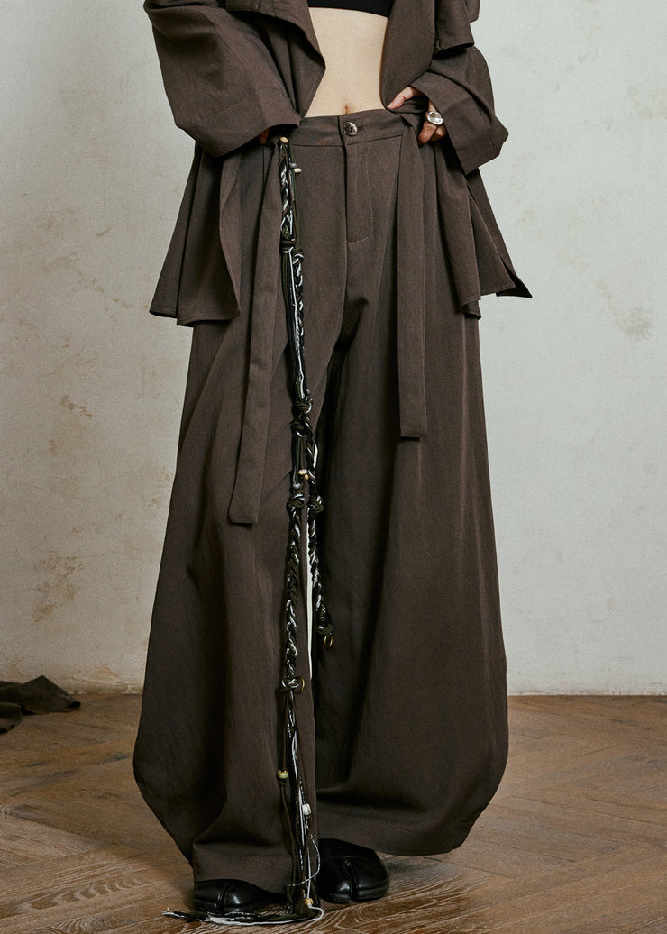 Loose Brown Patchwork Sashes Wide Leg Pants Fall
