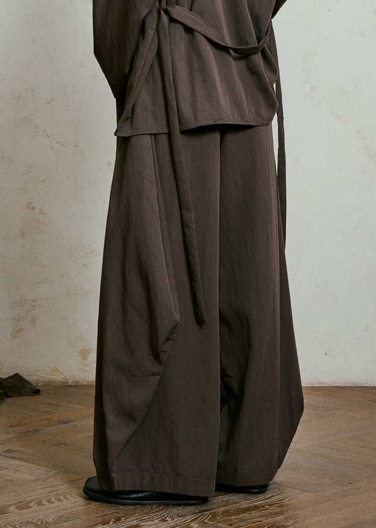 Loose Brown Patchwork Sashes Wide Leg Pants Fall