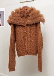 Loose Brown Sailor Collar Fox Collar Patchwork Cable Knit Coat Fall