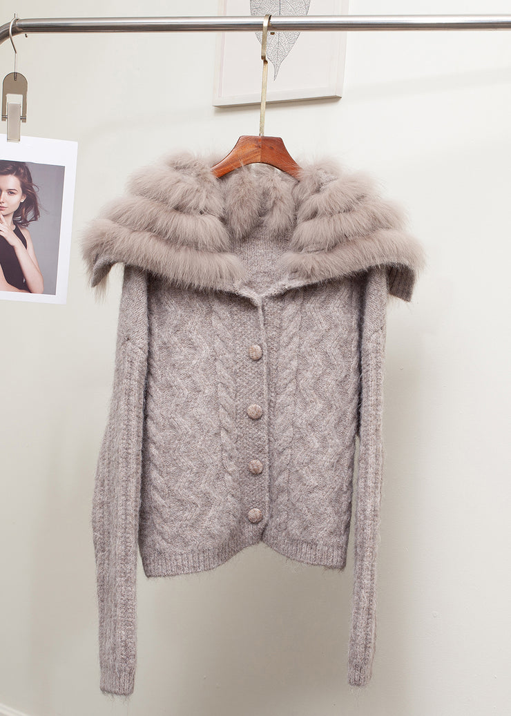 Loose Brown Sailor Collar Fox Collar Patchwork Cable Knit Coat Fall