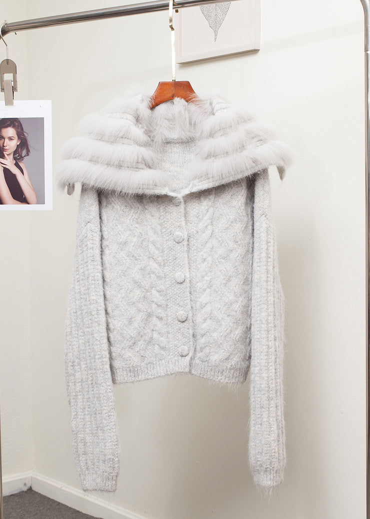 Loose Brown Sailor Collar Fox Collar Patchwork Cable Knit Coat Fall