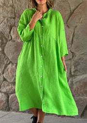 Loose Brown Stand Collar Button Cotton Blouses Dress Long Sleeve