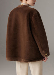 Loose Brown V Neck Button Mink Hair Coats Winter