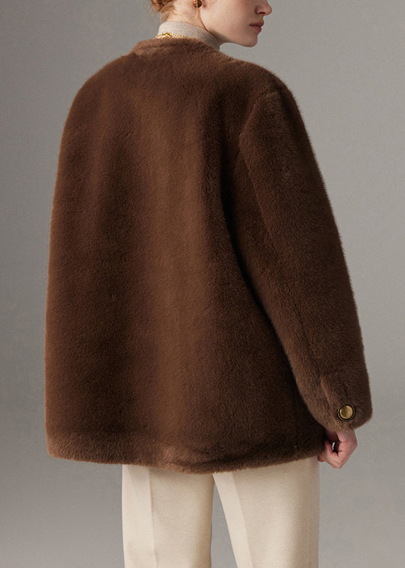 Loose Brown V Neck Button Mink Hair Coats Winter