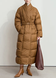 Loose Brown V Neck Pockets Sashes Duck Down Long Coat Winter