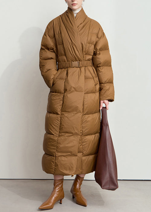 Loose Brown V Neck Pockets Sashes Duck Down Long Coat Winter