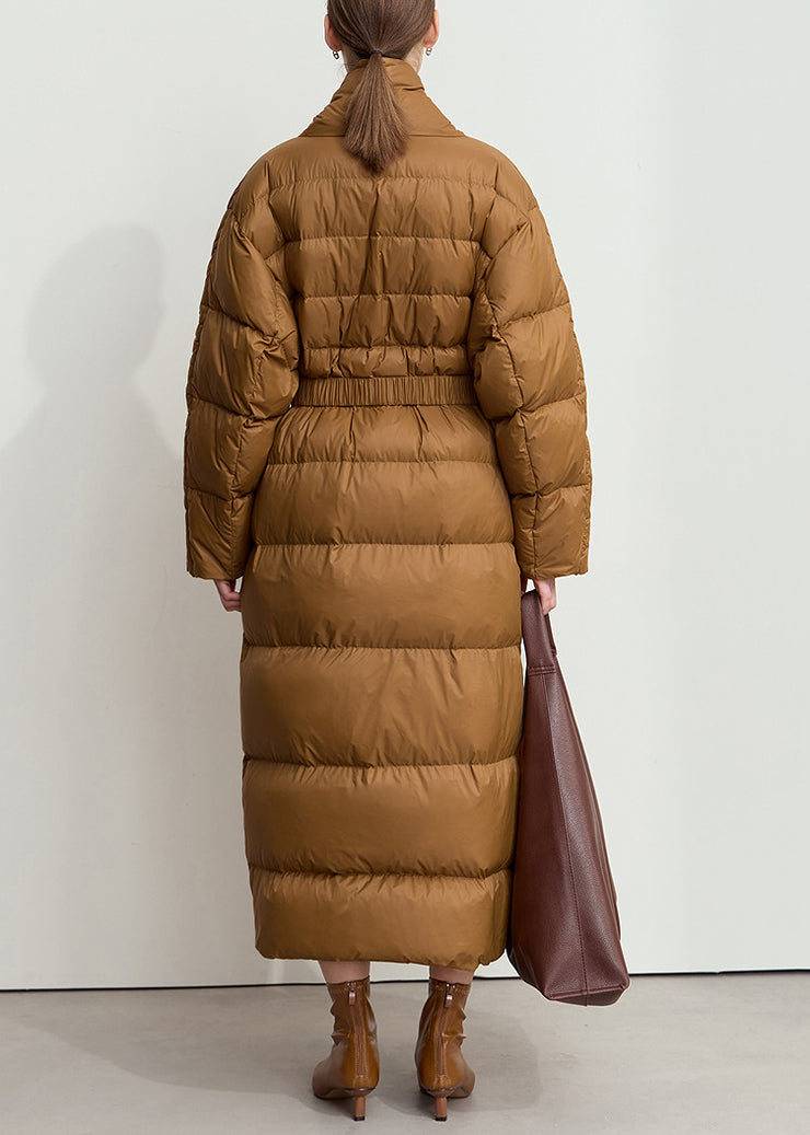 Loose Brown V Neck Pockets Sashes Duck Down Long Coat Winter