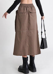 Loose Brown Zippered Pockets Elastic Waist Cotton Skirt Summer