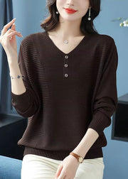 Loose Camel V Neck Wrinkled Cozy Wool Sweater Tops Fall