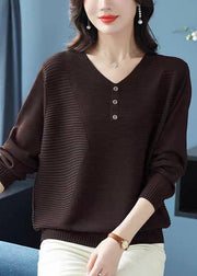 Loose Camel V Neck Wrinkled Cozy Wool Sweater Tops Fall