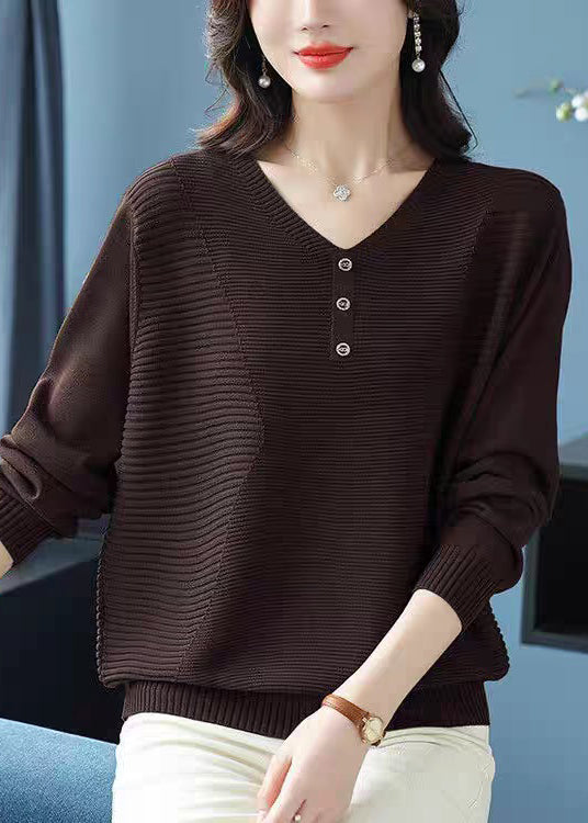 Loose Camel V Neck Wrinkled Cozy Wool Sweater Tops Fall