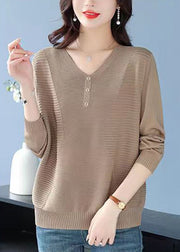 Loose Camel V Neck Wrinkled Cozy Wool Sweater Tops Fall