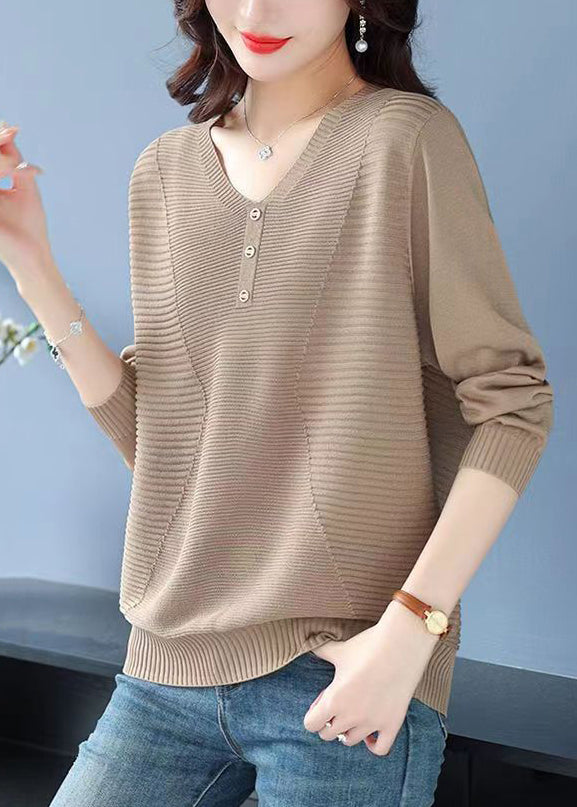 Loose Camel V Neck Wrinkled Cozy Wool Sweater Tops Fall
