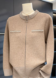 Loose Camel Zippered Nail Bead Cotton Knit Coat Fall