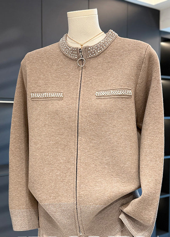 Loose Camel Zippered Nail Bead Cotton Knit Coat Fall