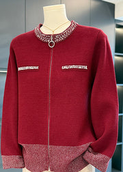 Loose Camel Zippered Nail Bead Cotton Knit Coat Fall